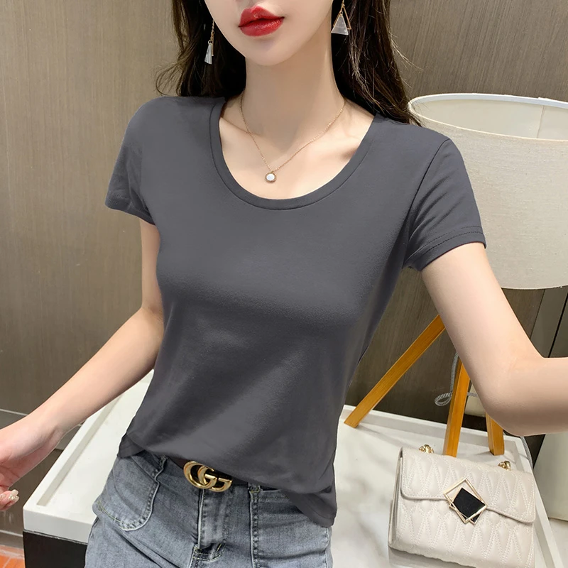 烟灰色短袖t恤女纯棉上衣女装2025夏季新款半袖圆领正肩韩版修身