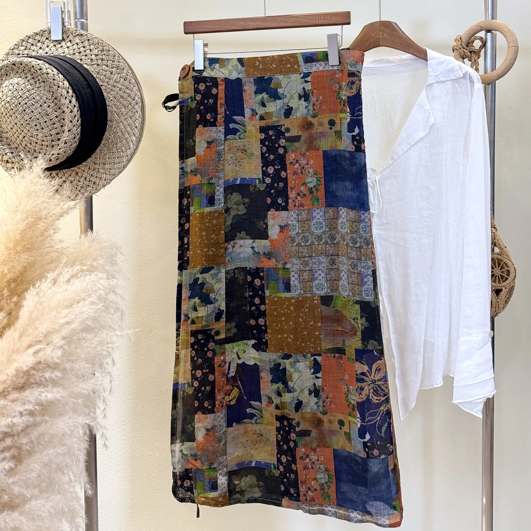 YILE·【花叙】复古设计款100%国风苎麻印花一片式裹裙