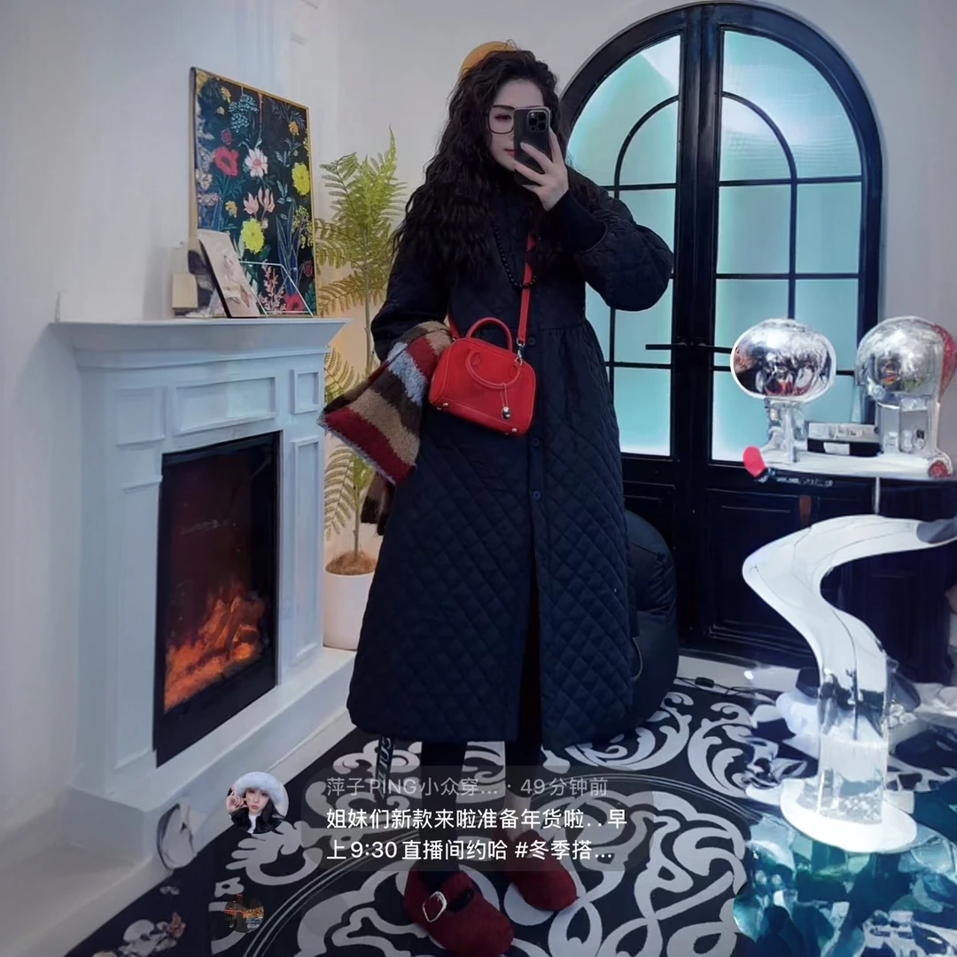 大萍子家 长款菱格纹女过膝大衣冬季复古新款棉衣外套0045