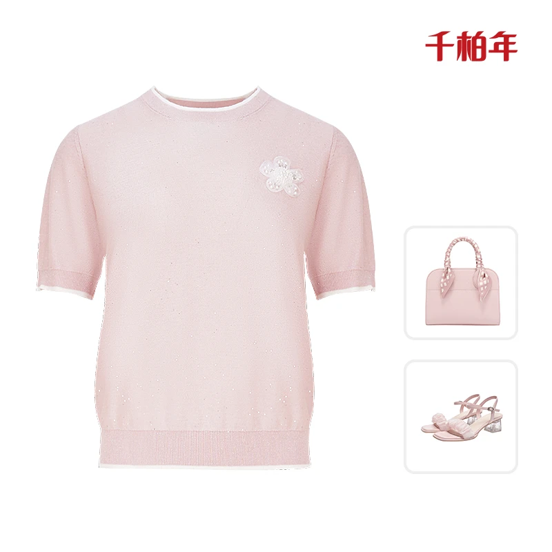 千柏年【风雅之上】天丝桑蚕丝羊毛晶片花朵装饰圆领针织衫-C2093