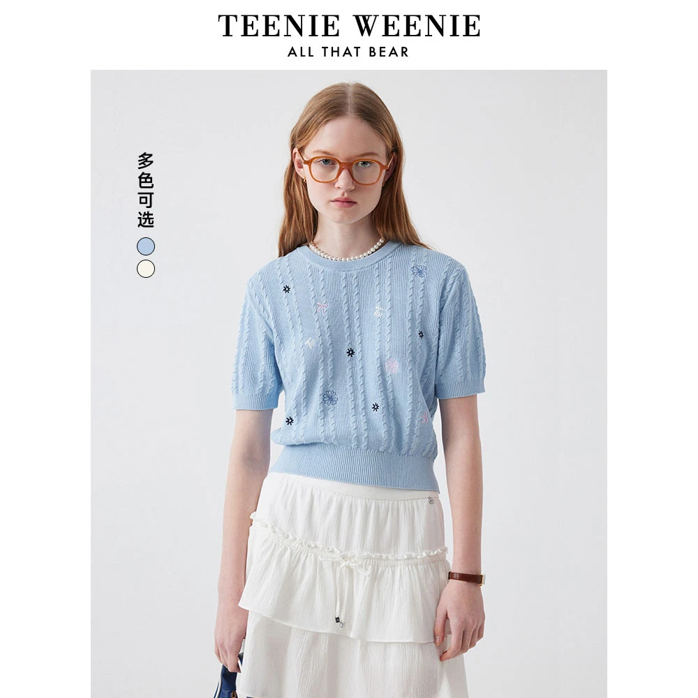 TeenieWeenie小熊女毛衣25清新简约休闲刺绣针织短袖TTKW252405T