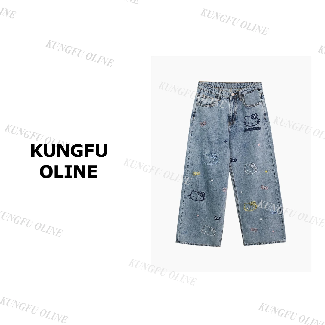 【小妖】NZK4546宽松时髦设计感动物印花长裤阔腿牛仔裤女