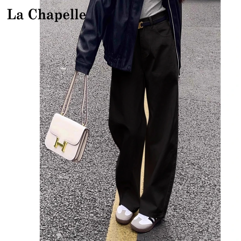 拉夏贝尔通勤简约黑色牛仔裤女秋季小个子裤子高腰宽松显瘦阔腿裤