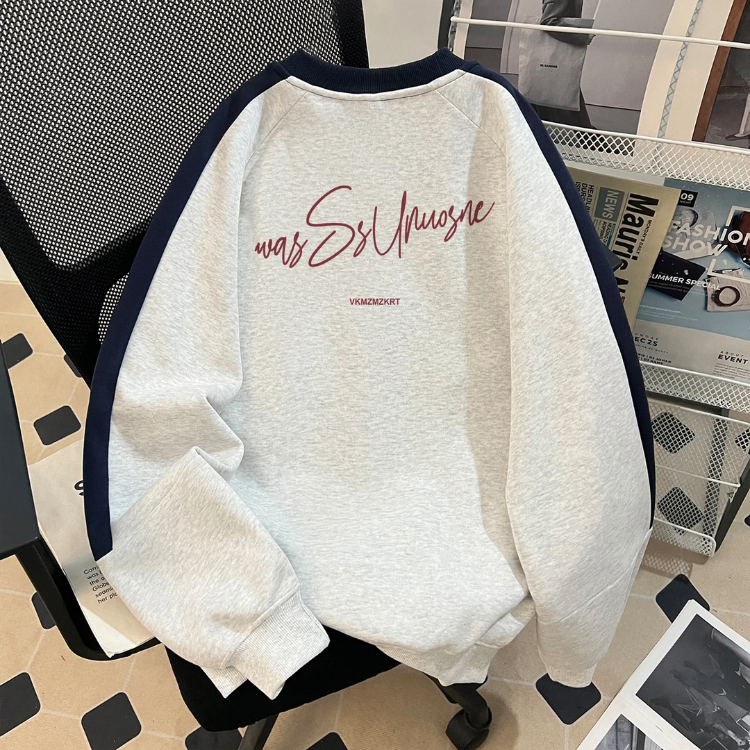 美式潮牌拼接撞色复古圆领卫衣男冬季oversize宽松重磅加绒上衣服