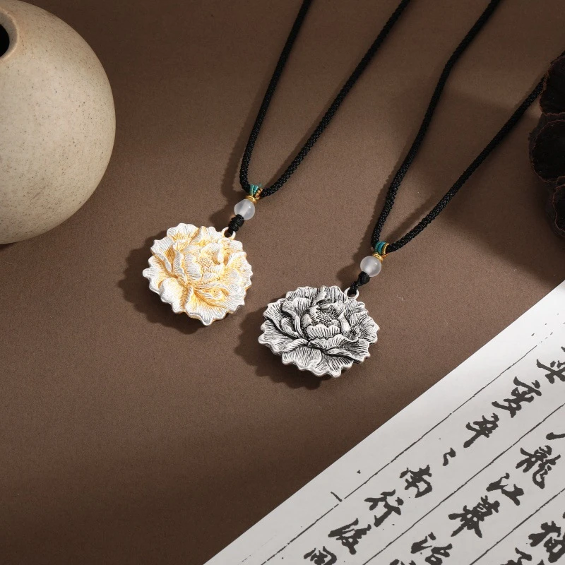 合金锦纶吊坠 古法描金牡丹花项链复古民族花开富贵国风时尚潮流