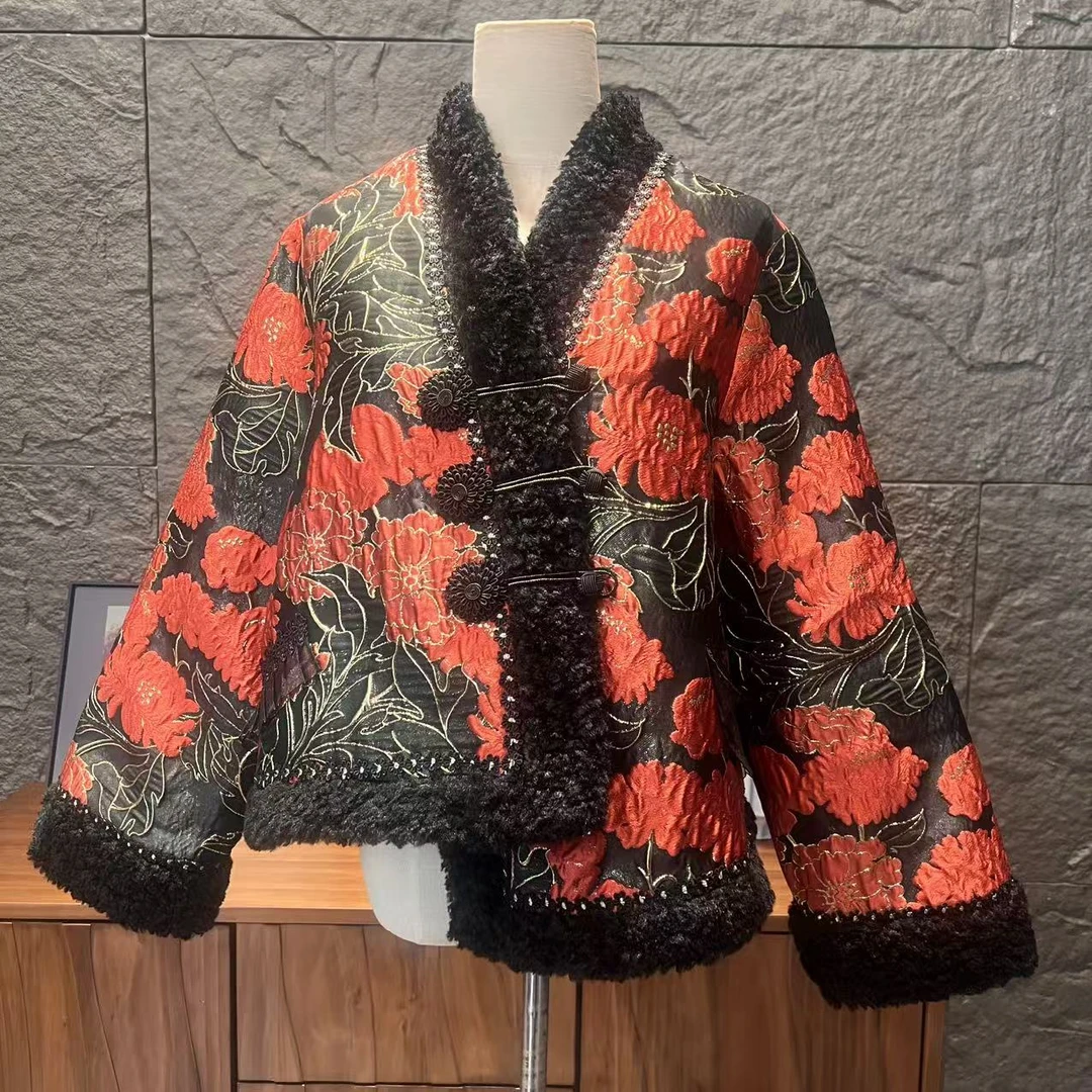 拂之韵原创女装【流金岁月】中式宽松亮丝立体提花斜门襟棉服