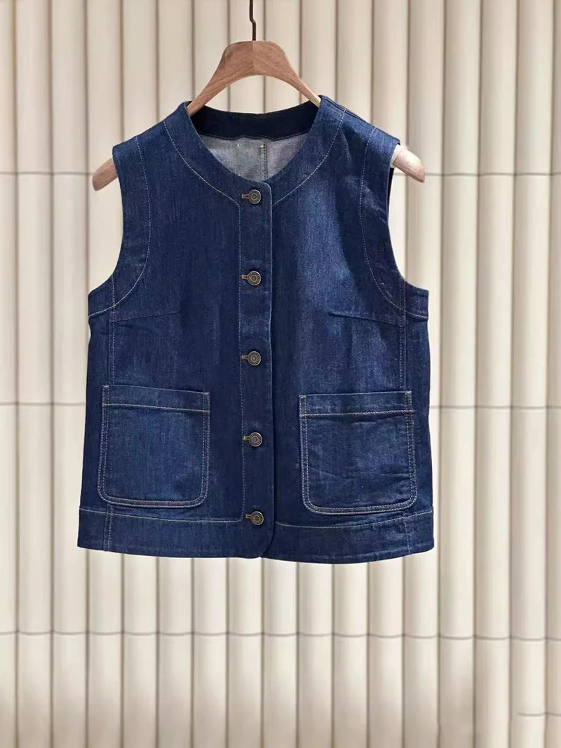 小禾同款【土壤牛仔】  2025春新款薄弹力牛仔单排扣圆领牛仔马甲