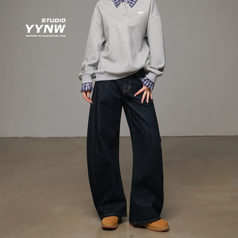 弧形分割水洗弯刀牛仔裤女2025年春季韩系百搭显瘦阔腿拖地长裤子