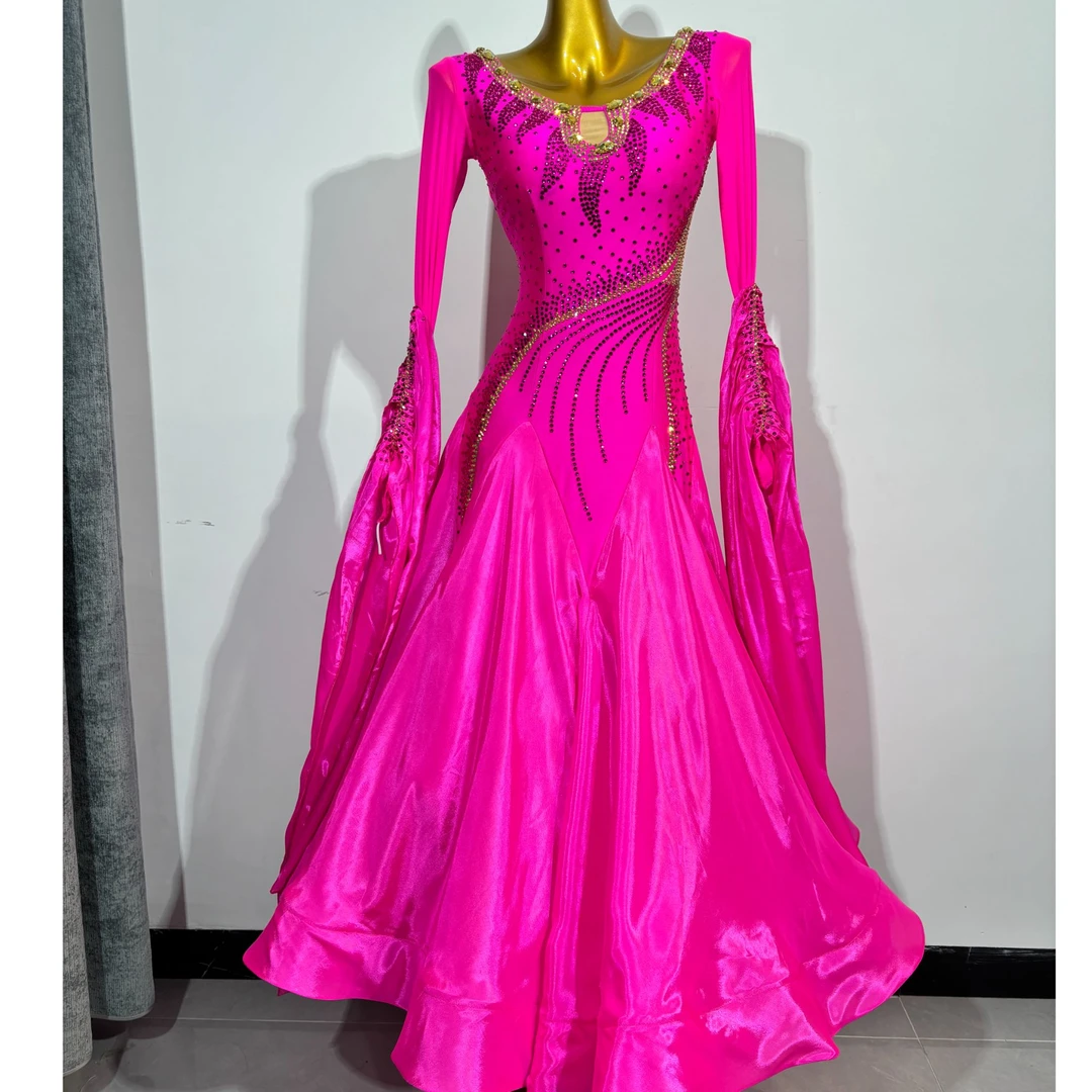 华亦新品玫红色进口料摩登国标交谊舞华尔兹高档定制舞裙赛服