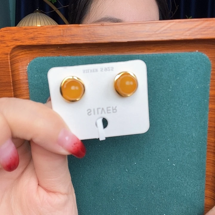 蜜蜡耳饰银S925镶嵌耳钉