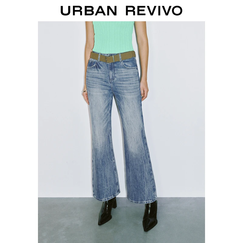 UR2025秋季新款女装复古磨白洗水腰带牛仔长裤UWJ850024