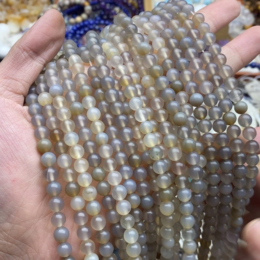 玛瑙/玉髓未镶嵌珠宝半成品一条天然6.5mm磨沙灰玛瑙圆珠
