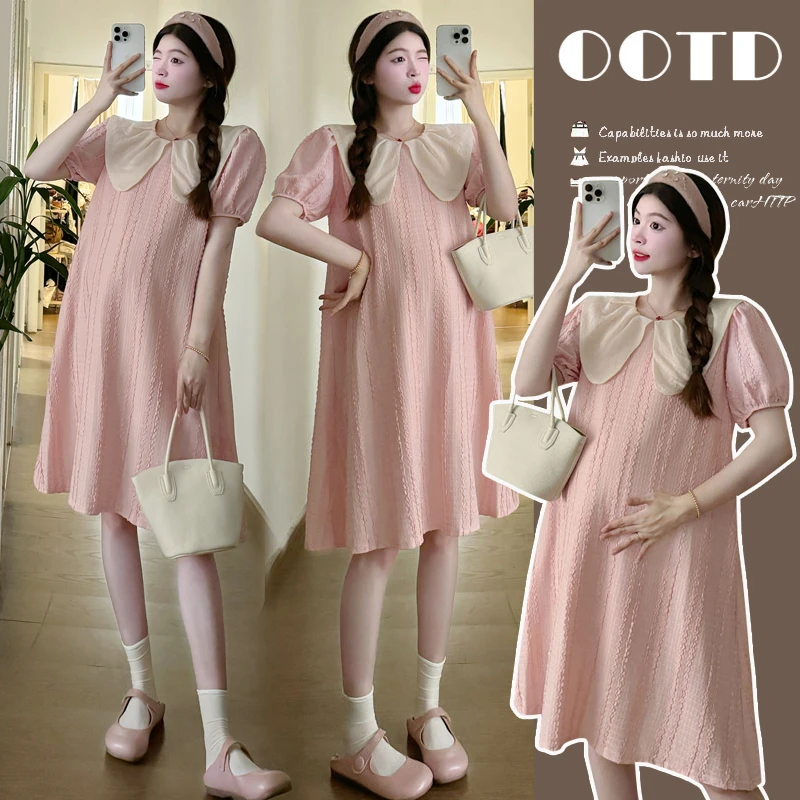 2025夏季新甜美时尚娃娃领肌理感减龄短袖孕妇装连衣裙