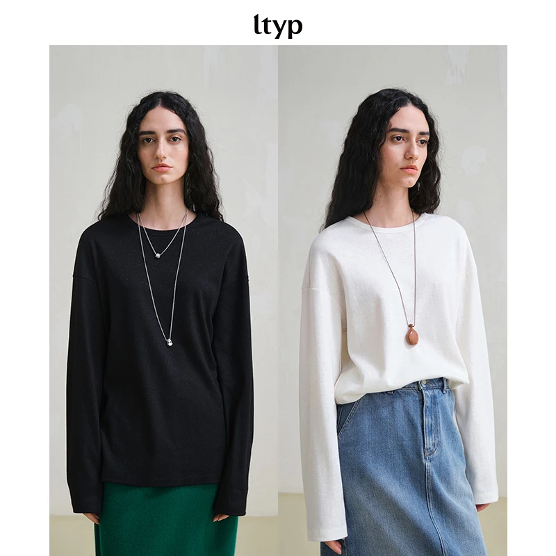 ltyp 9.2 羊毛亮丝T恤秋季新款宽松圆领长袖打底上衣女E102253079