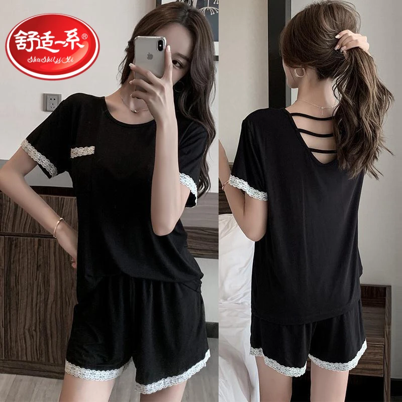 睡衣女夏季纯棉薄款短袖黑色小露背睡衣可外穿夏天家居服两件套装