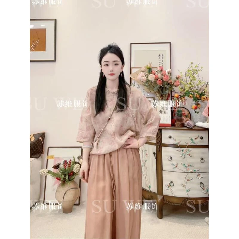 【蔷薇】苏维8081-1苎麻印花衬衫女春夏复古中国风文艺百搭小衫