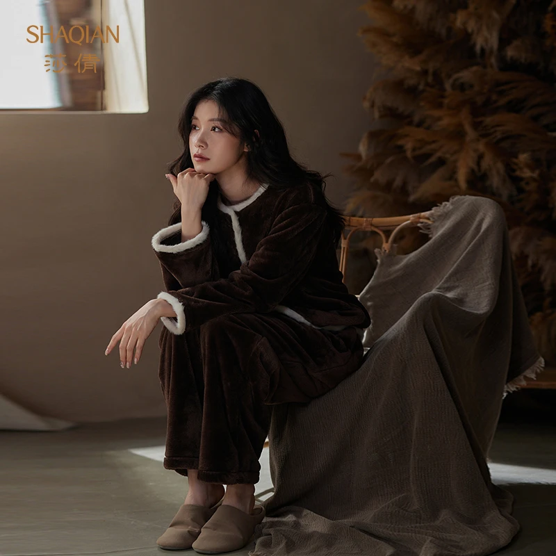 莎倩秋冬季新款珊瑚绒保暖睡衣女士高级感加厚贵妃绒可外穿家居服