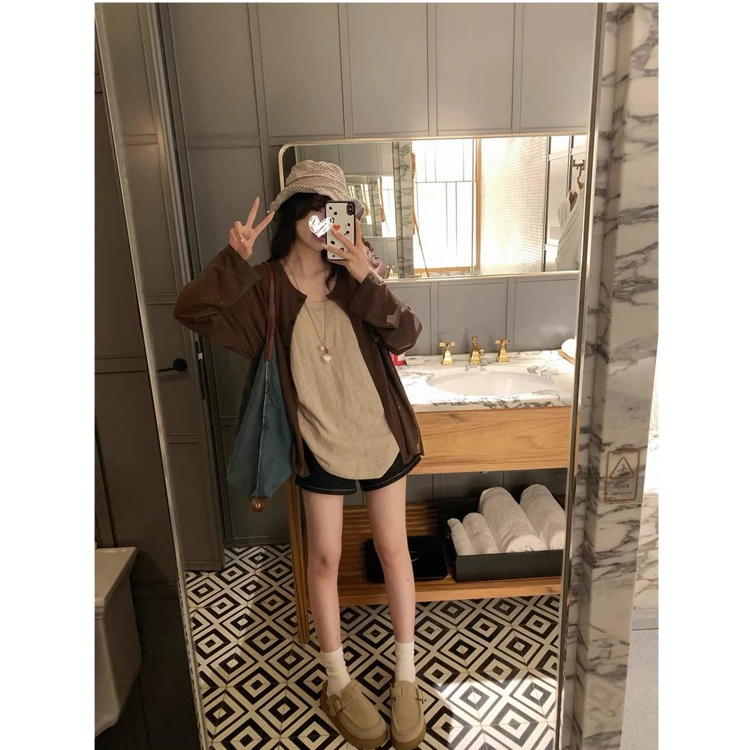 黑扣刺绣竹节棉开衫薄款慵懒凉感防晒外套+休闲薄款针织背心21709