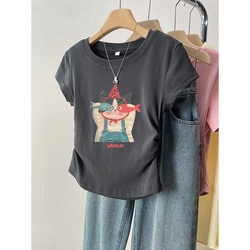 欧货大码短袖女t恤夏2025新款短款设计感微胖mm显瘦遮肉正肩学生