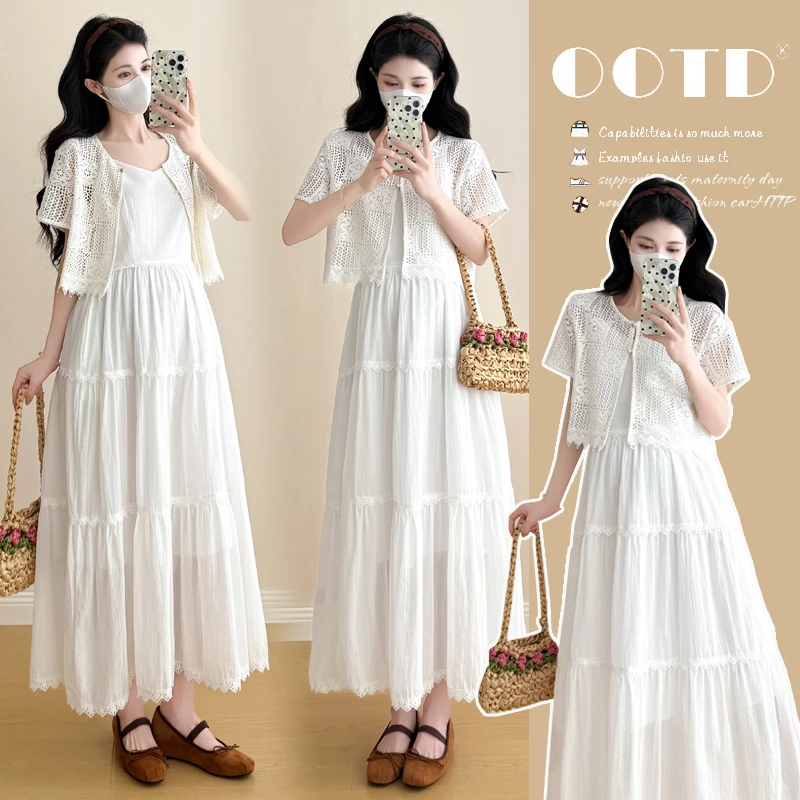 【枫丽】2025夏季新款孕妇韩版时尚花边拼接吊带连衣裙气质短袖外搭