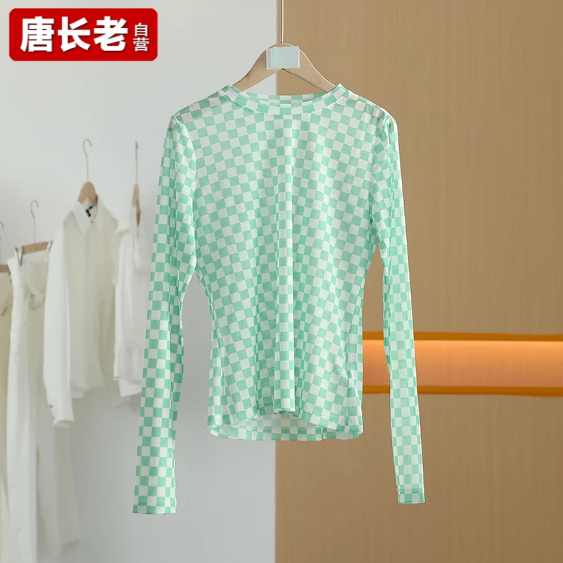 【唐长老自营】货号4308女装格纹简约拼接修身清新夏新款T恤M