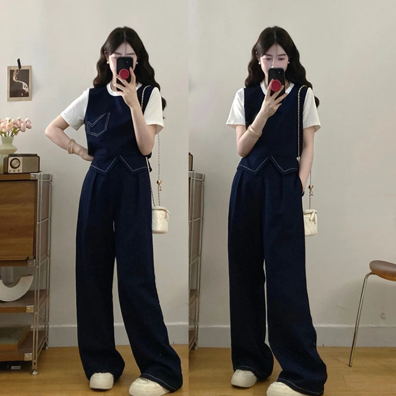 大码【睿智老钱】立体版型明线假两件T恤显瘦直筒裤洋气减龄套装裤