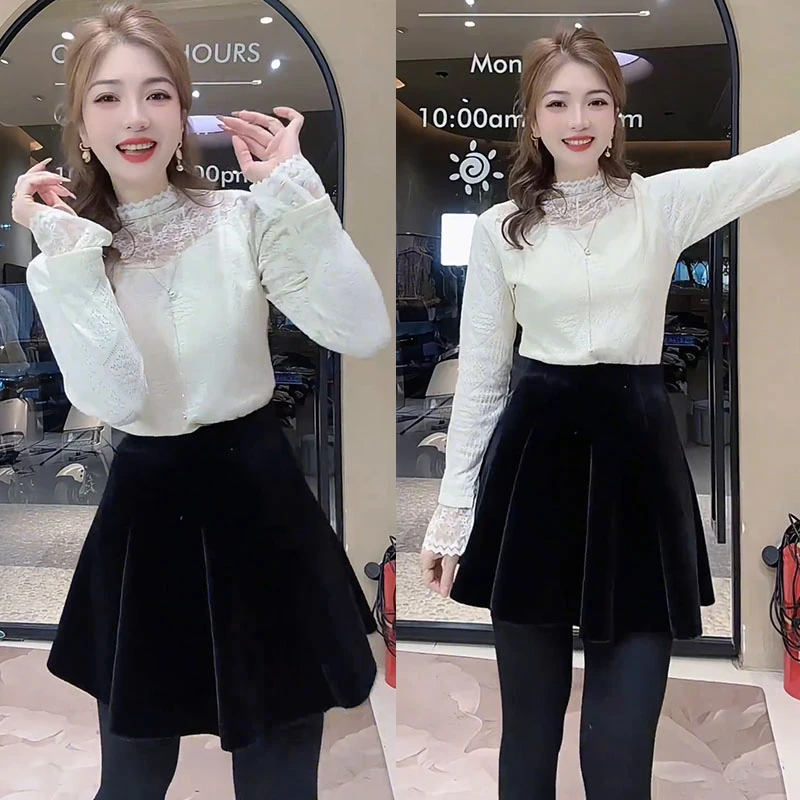 秋冬搭配一整套女装2025新款韩版镂空半高领蕾丝衫a字短裙两件套
