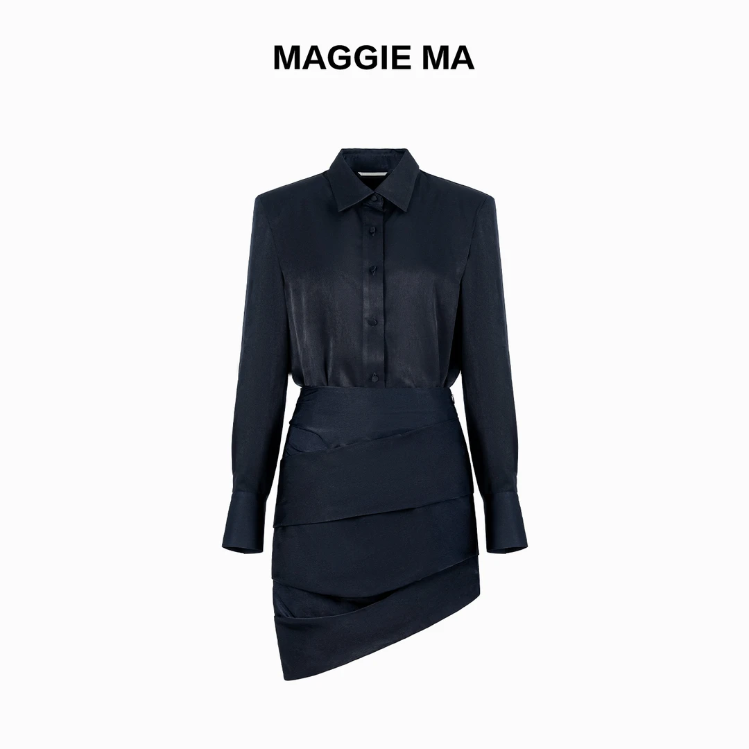 MAGGIE MA马婧设计师款藏蓝色沉稳内敛气质层次感连衣裙381D