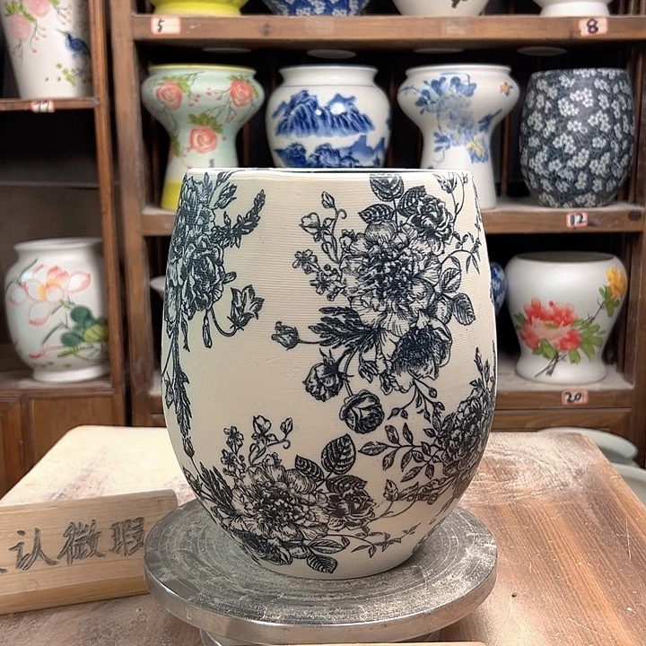 陶但盆复古青花牡丹陶瓷
