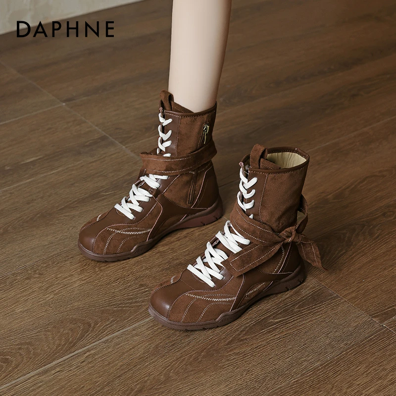 达芙妮内增高马丁靴女2025新款秋季拳击靴系带德训短靴绒面美拉德