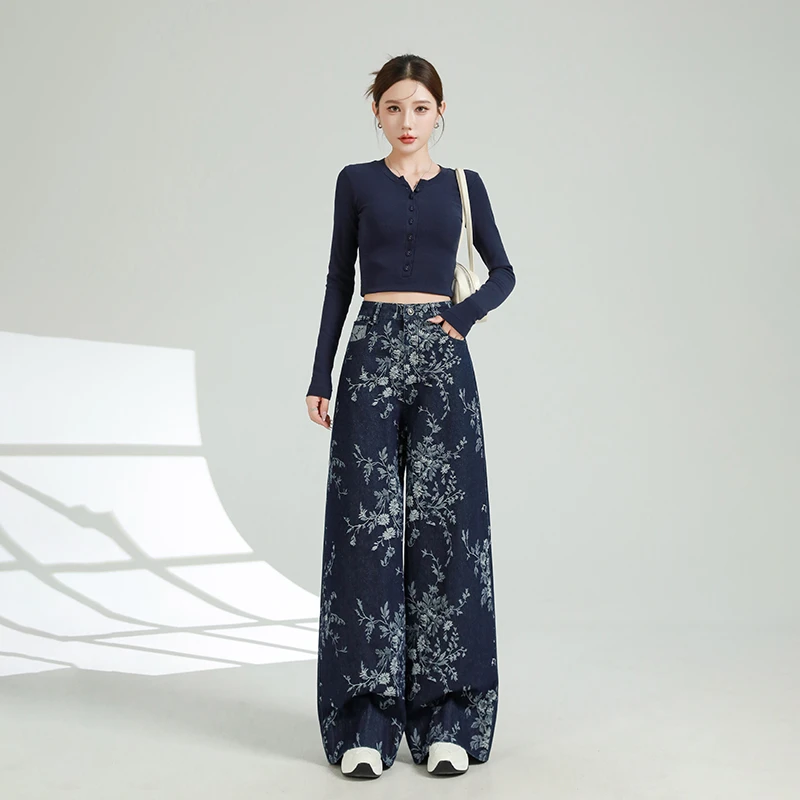 裤子阔腿裤休闲裤高腰印花碎花显瘦直筒时尚秋季复古宽松垂感长裤