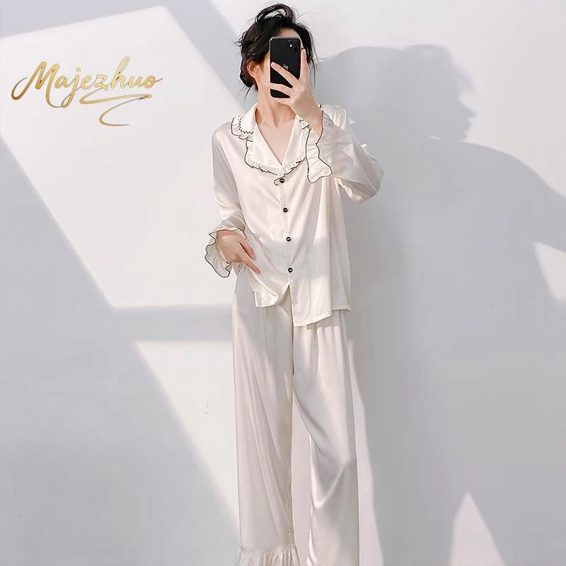 真丝少女居家服小香风法式蕾丝长袖睡衣家居服新款真丝长袖套装