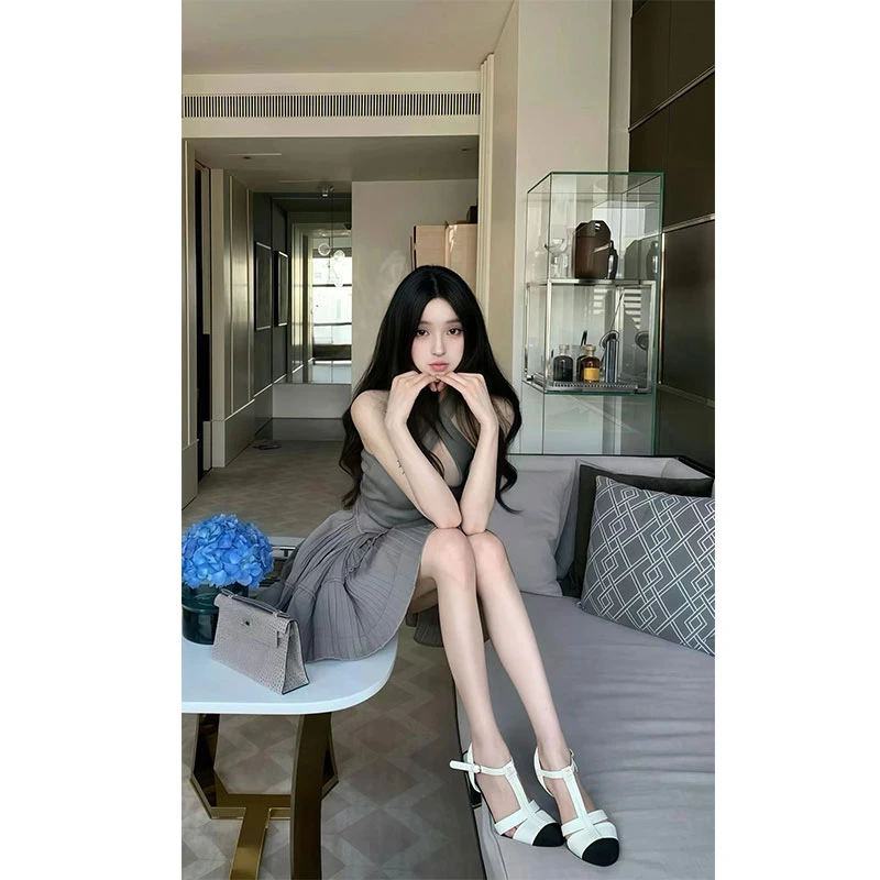 夏季新款时尚设计感收腰一字方领大摆蓬蓬裙时髦洋气礼服针织裙女