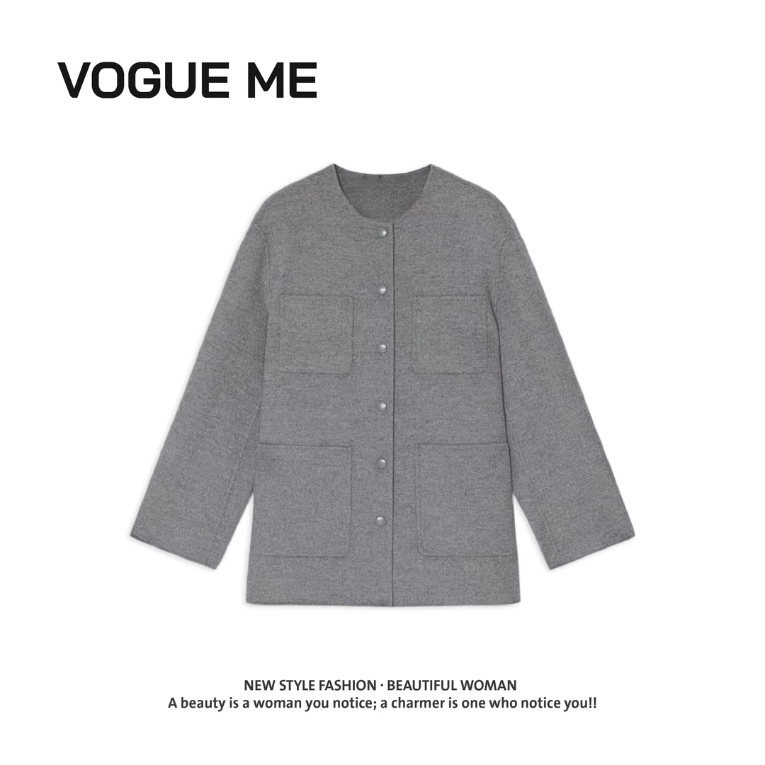 【禾】秋冬时尚百搭100绵羊毛格雷色系双面呢大衣-ZH12901
