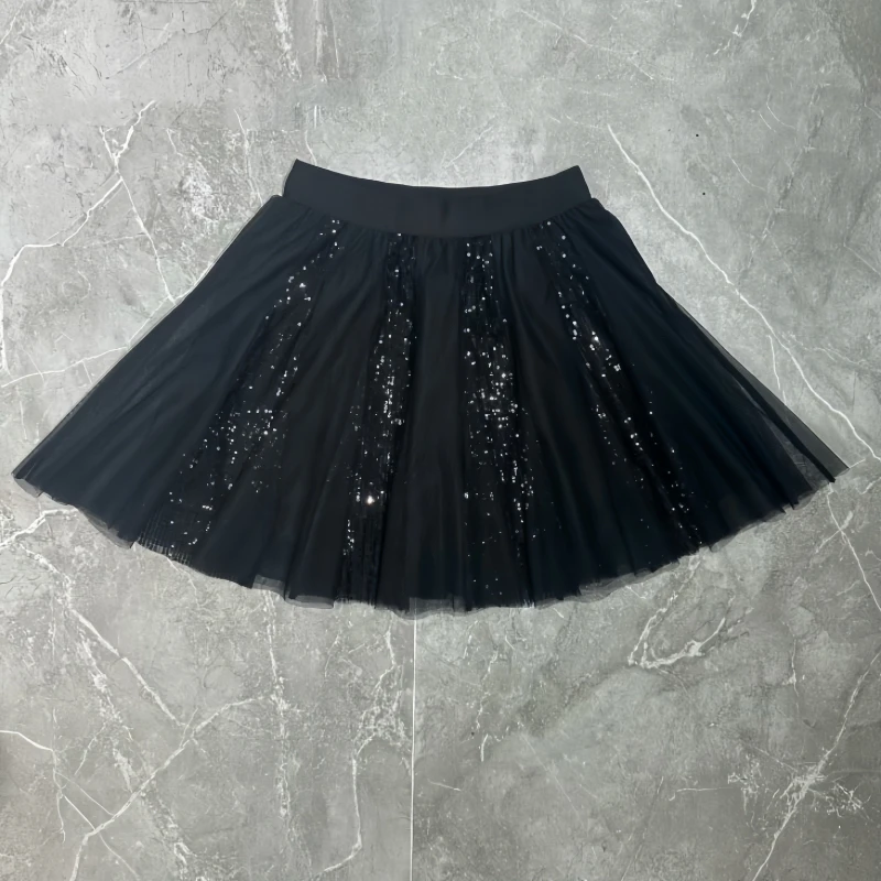 黑色网纱A字高腰显瘦亮片半身裙秋冬短款广场舞防走光短裙