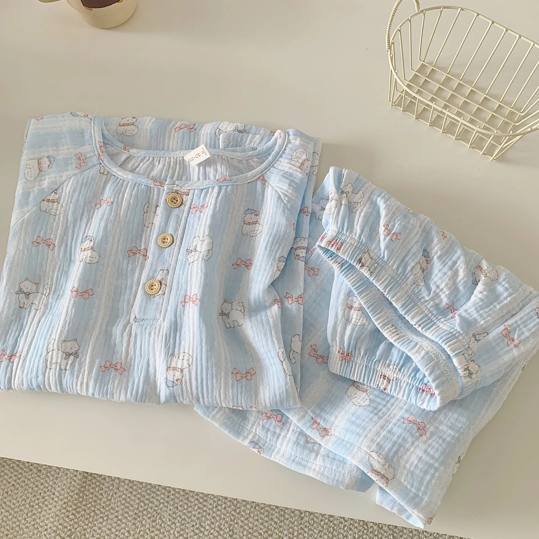 蓝色小狗夏季双层棉纱短袖短裤纯棉睡衣女亲肤A类学生全棉家居服