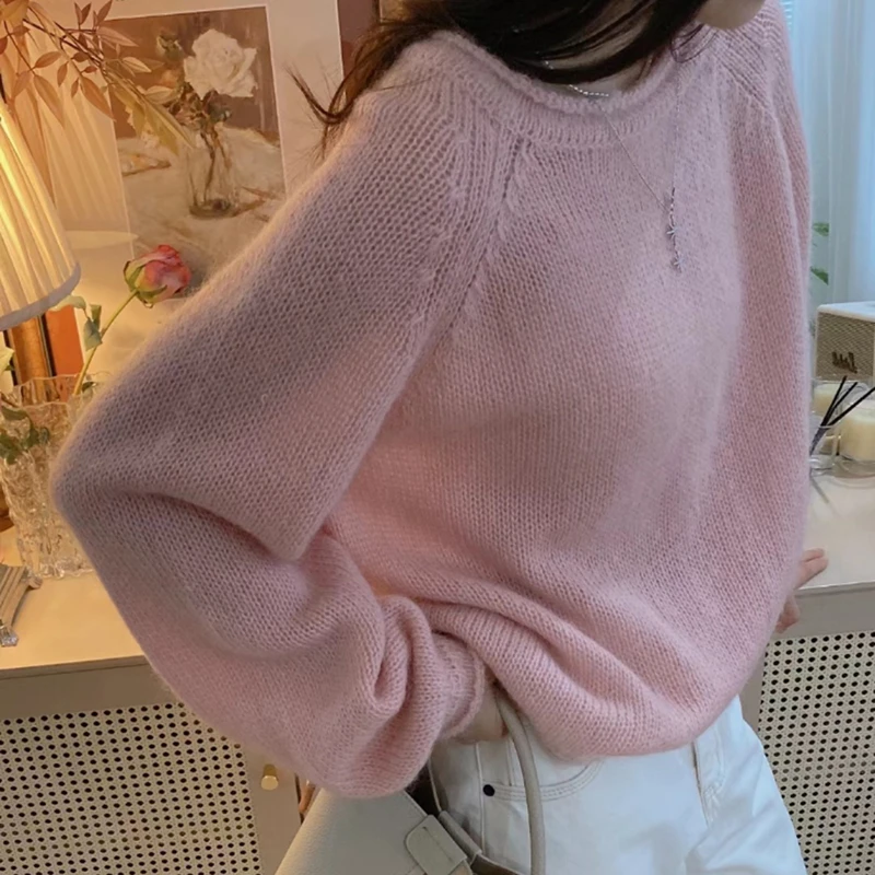 曼德西比利秋冬100纯羊毛衫女士圆领卷边针织打底毛衣宽松羊绒衫