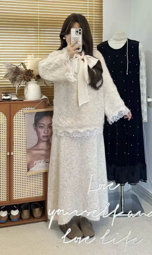 韩版时尚套装极简风INS风拼接气质针织上衣松紧腰长裙套装