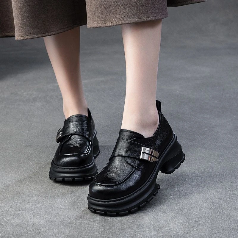 2025春夏新款百搭松糕跟增高乐福鞋休闲擦色单鞋复古女鞋