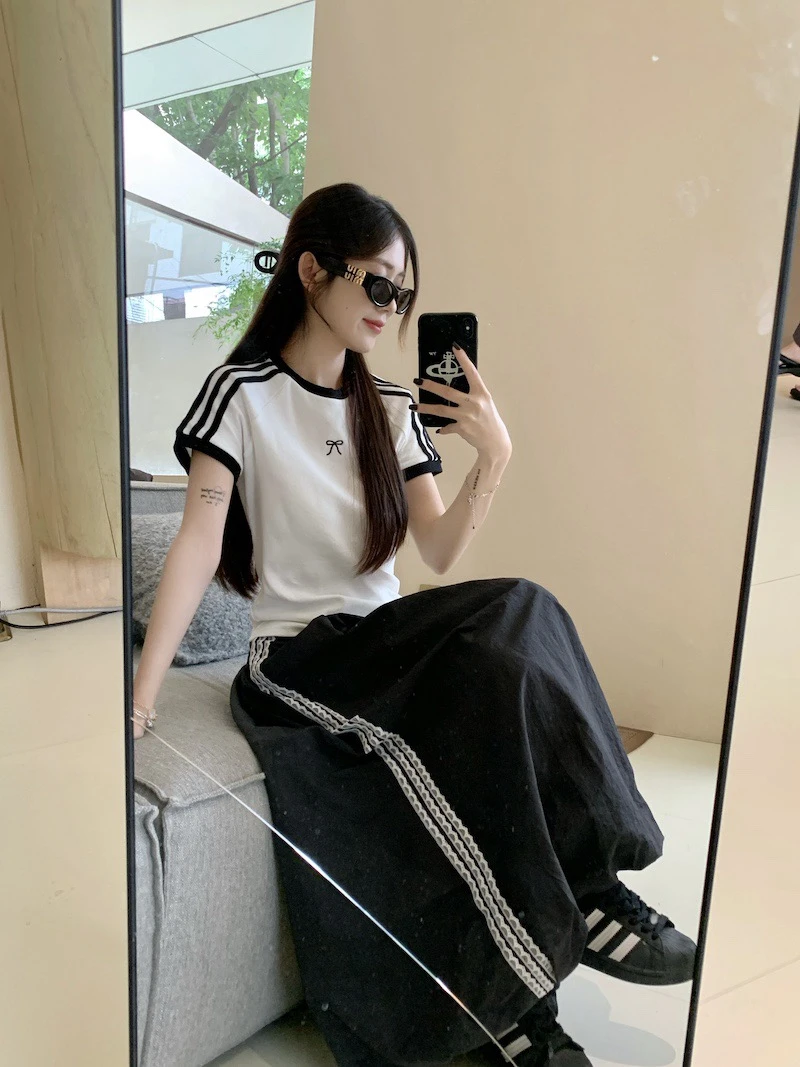 夏季韩版短款短袖修身小个子上衣T+百搭中长款半身裙两件套