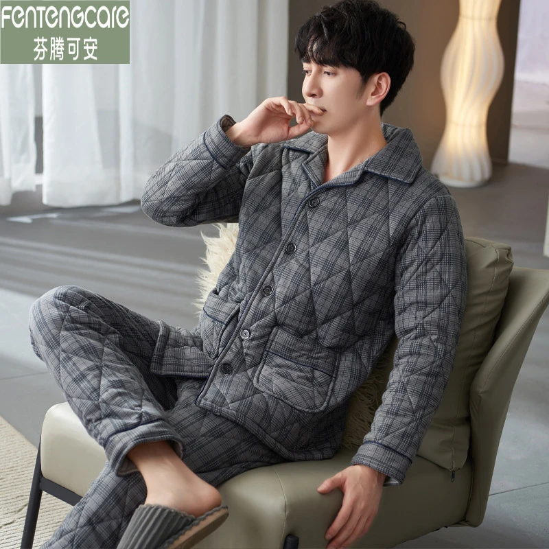 芬腾可安冬季厚睡衣男士冬天加厚纯棉冬款三层保暖夹棉冬款家居服