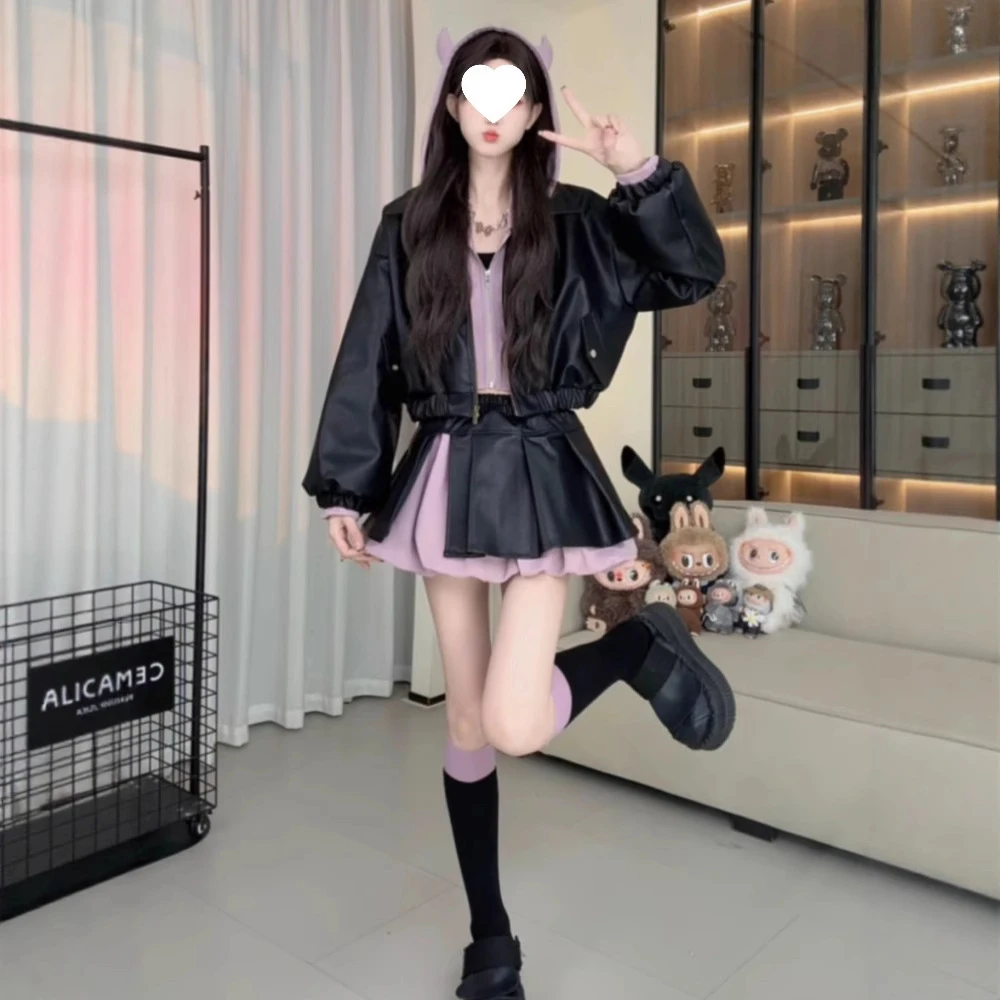 其他100%秋季小众设计感拼接连帽皮衣开衫外套+假两件半身裙两件