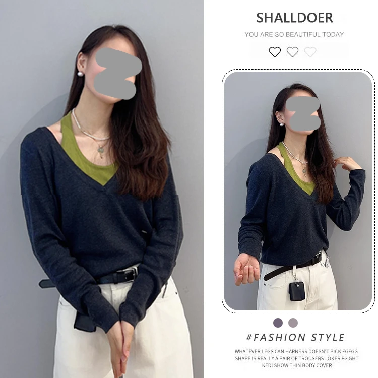 2025秋季V领挂脖针织假两件针织上衣秋装新款女装薄款气质女人百
