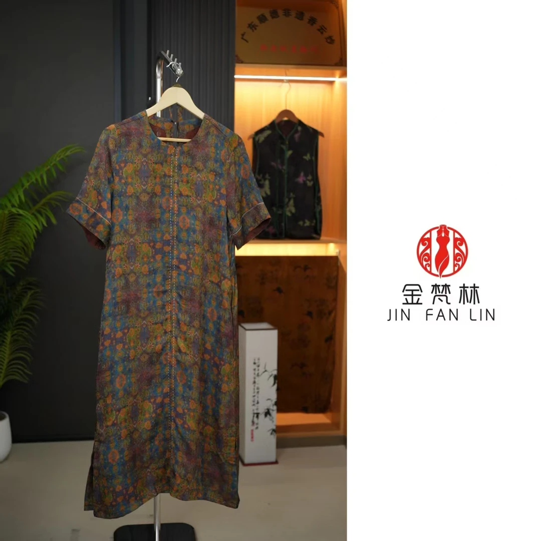 【东篱悠悠】高端新中式中国风绞萝老料圆领短袖连衣裙腰带名族风