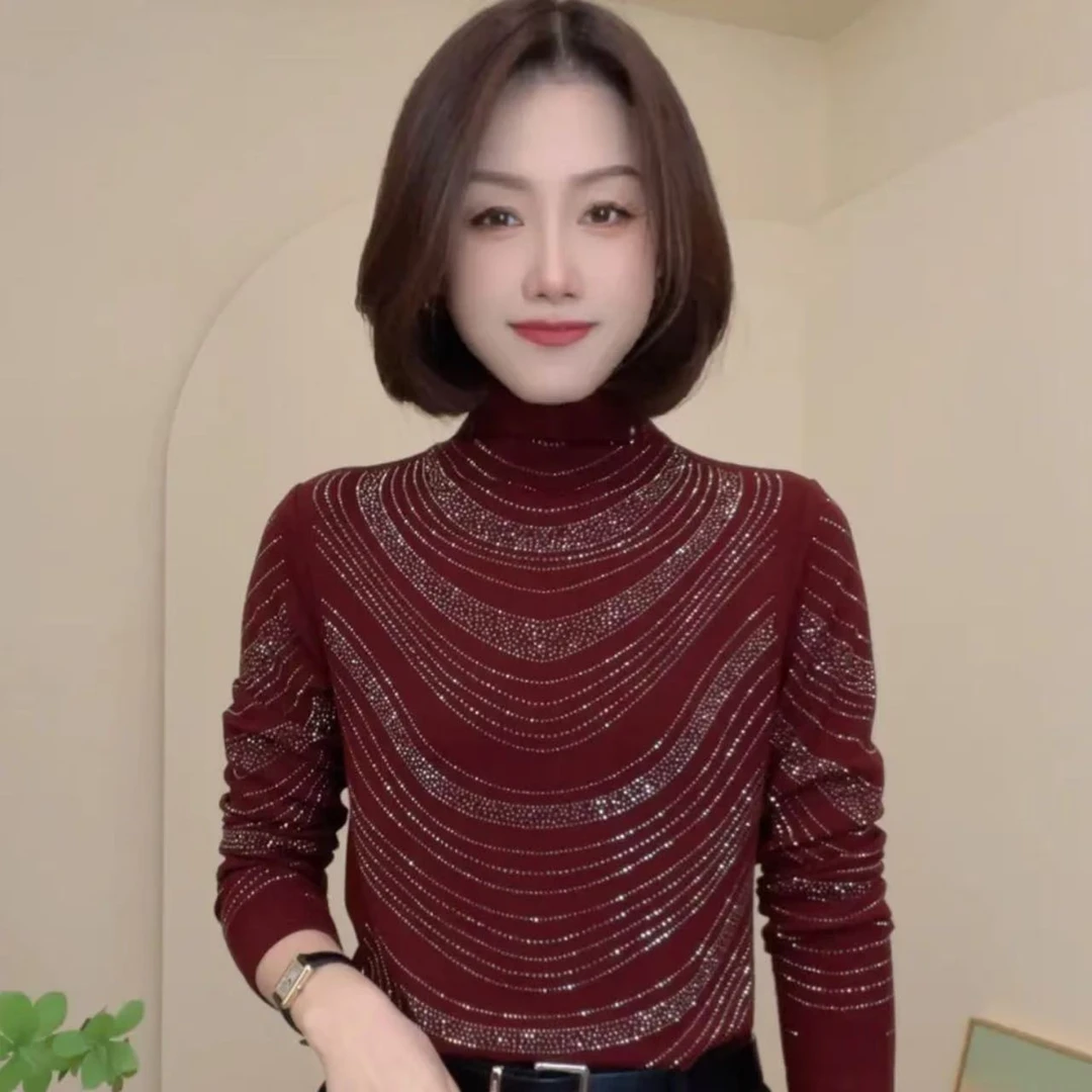 64511冬季新款烫钻显瘦洋气时尚百搭长袖女士上衣简约修身小衫