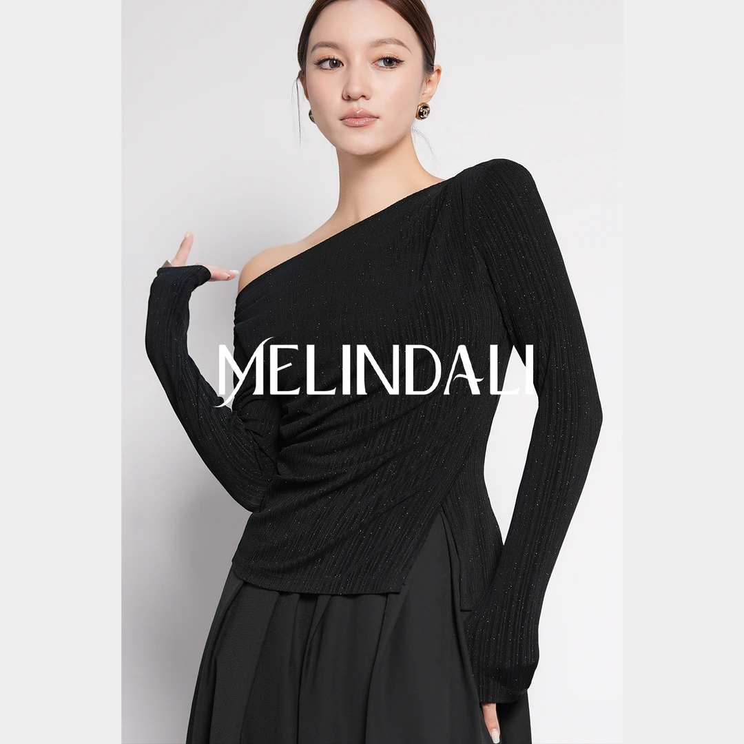 Melinda Li【瘦瘦针织】重磅醋酸前后两穿斜领修身长袖上衣针织T