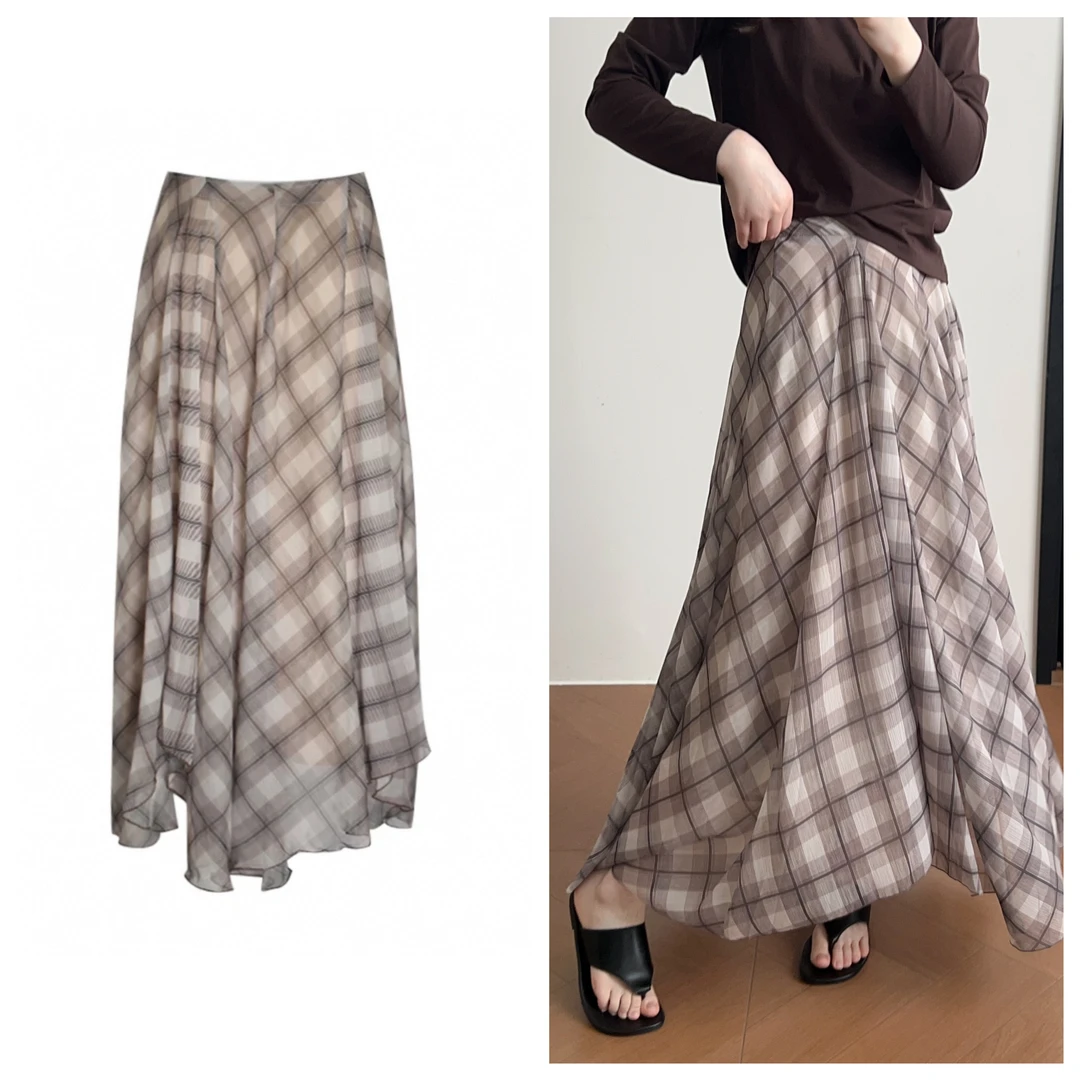 现40033【MD订单】断货王格纹印花大摆伞裙中长款A字不规则半身裙