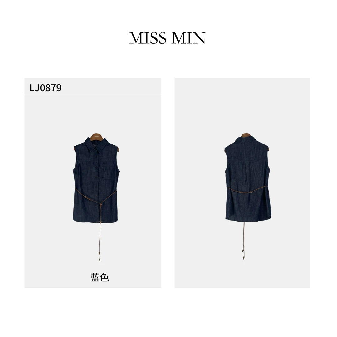 LJ0879  韩系洋气衣服女简约无袖牛仔衬衫马甲背心配腰带MISS MIN