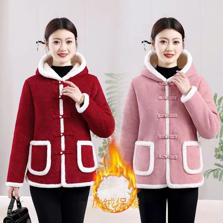 2024冬季新款女士棉衣妈妈装加绒加厚民族风保暖【连帽雪尼尔】棉服