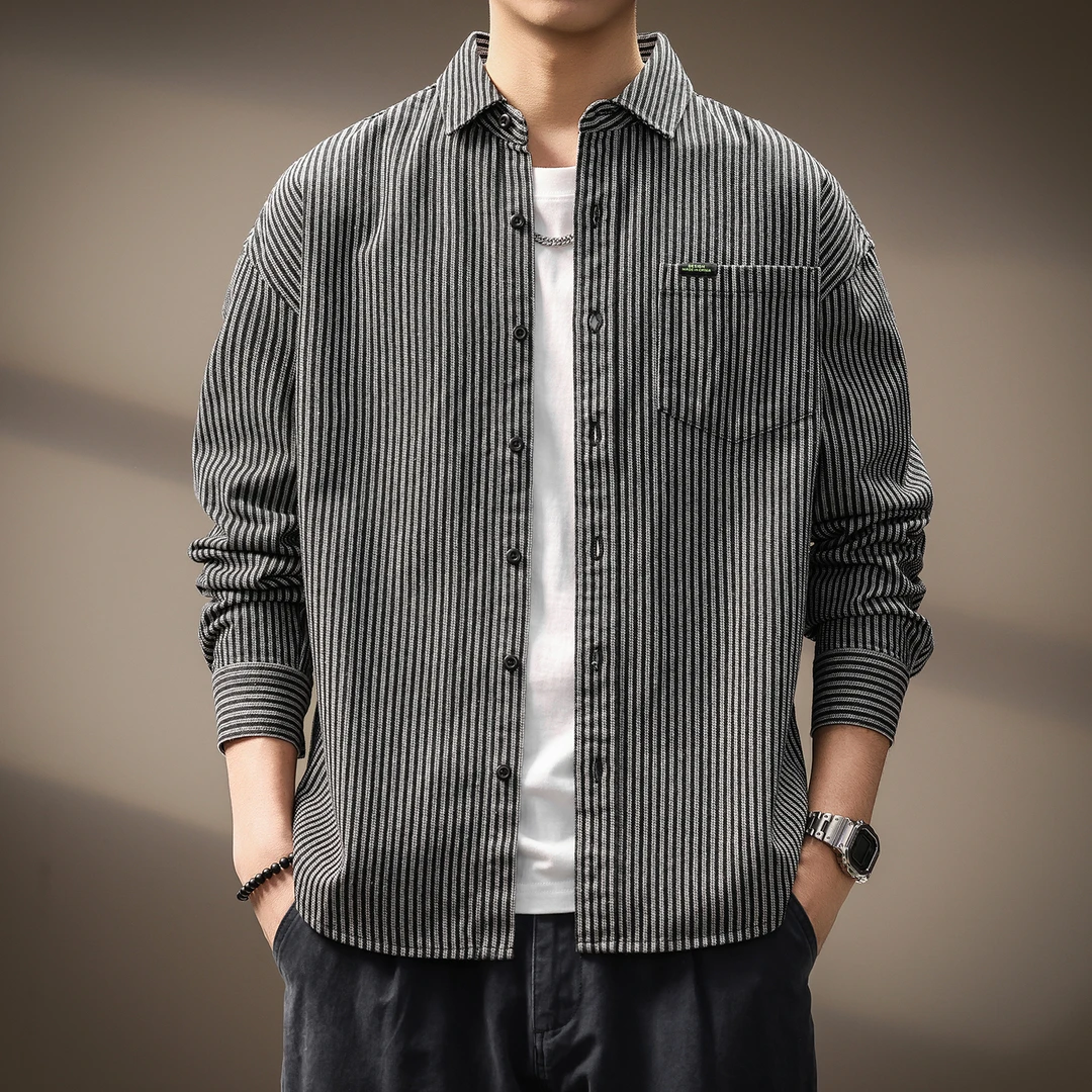 美式水洗条纹男士长袖衬衫秋季新款潮流百搭宽松休闲翻领上衣外套